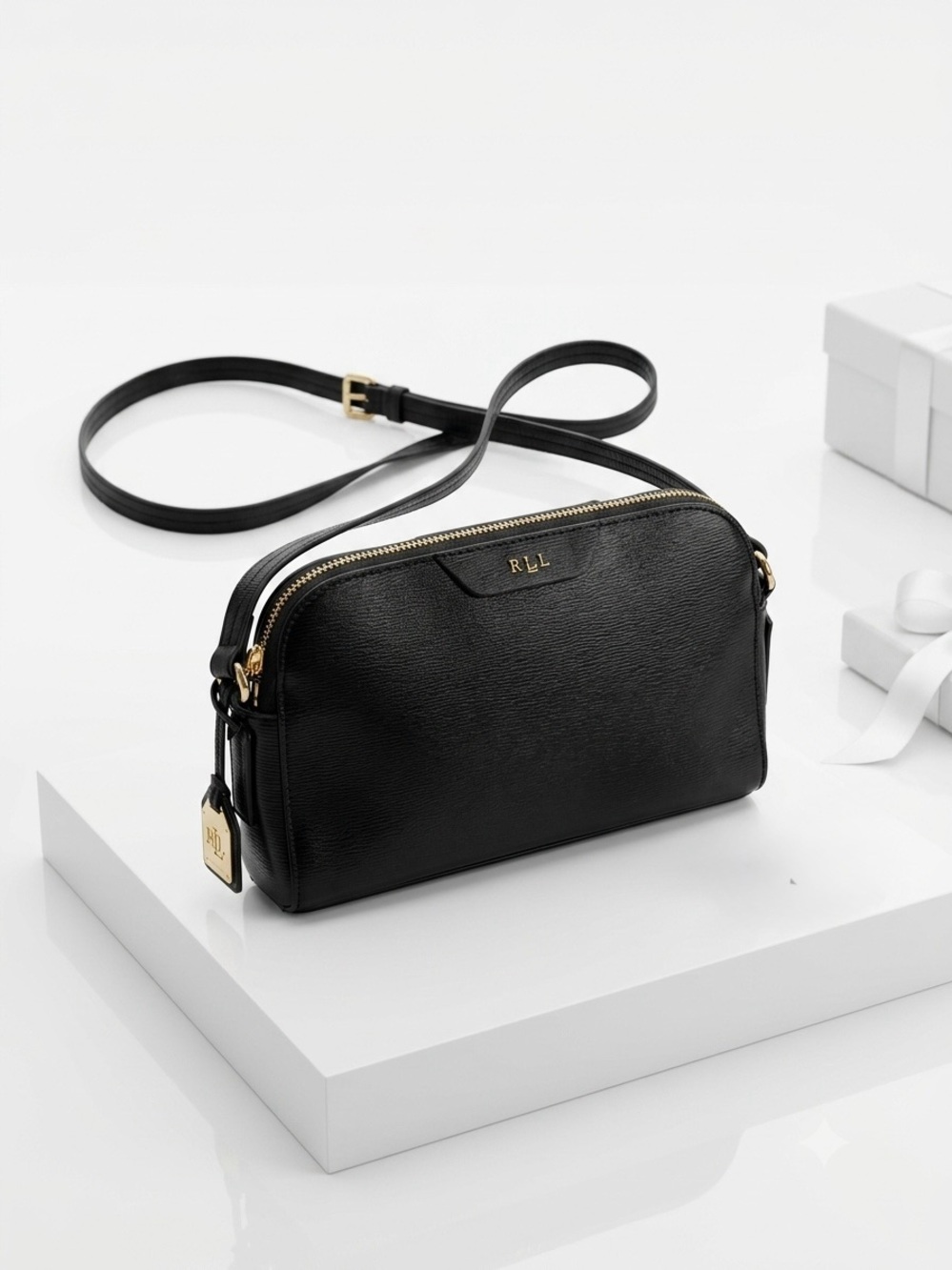 Lauren Ralph Lauren Black Leather Crossbody Bag gold tone hardware